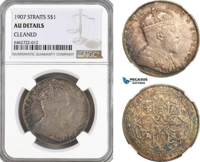 AH143, Straits Settlements, Edward VII, 1 Dollar 1907, London Mint, NGC AU Det
