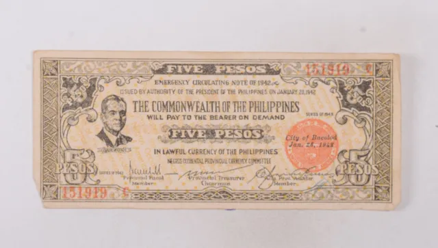 CrazieM World 1942 Philippines 5 Pesos Bank Note Province Of Mis Occidental m90