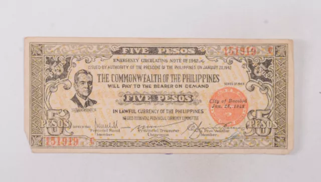 CrazieM World 1942 Philippines 5 Pesos Bank Note Province Of Mis Occidental m90