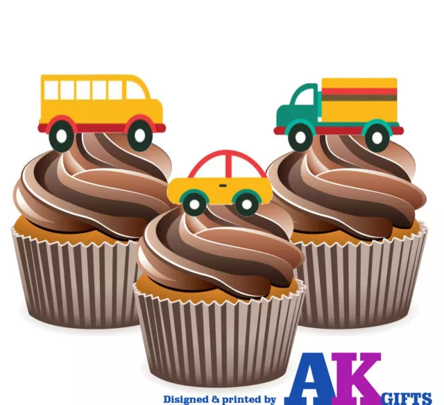 PRECUT Bus Car Lorry 12 Edible Cupcake Toppers Cake  Decorations Birthday Party