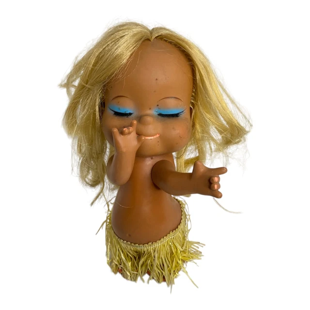🥝 Vintage Hawaiian Hula Girl Doll Eyes Closed Skirt 9” Soft Rubber HONG KONG Q3