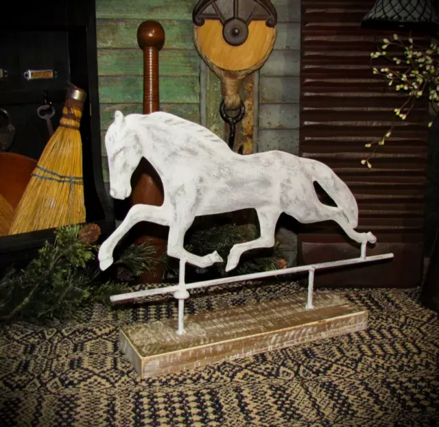 Prim Vtg Style Country White Destressed Tin Running Horse WEATHERVANE Wood Base