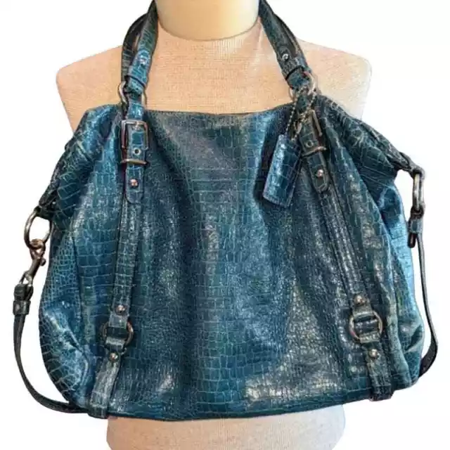 Coach Alexandra Convertible Crocodile Embossed Hobo Tote Leather Blue Large 2