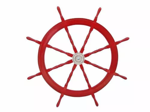 36 " Grand Bateau Direction Roue Rouge en Bois Ancien Teck Laiton Marin Pirate