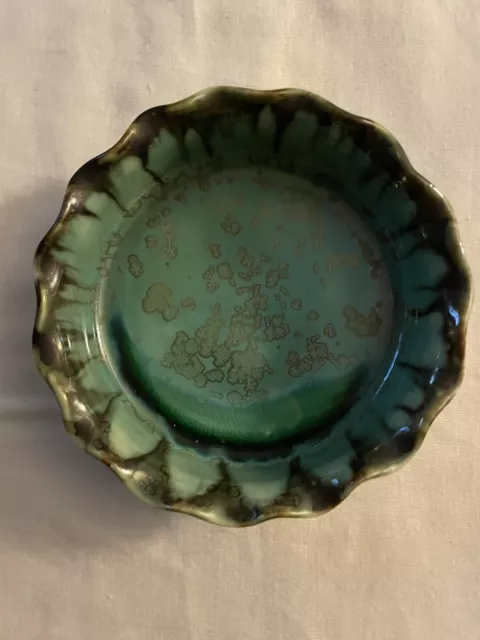 Custom Green Scalloped Ceramic 5” Wine Holder Dish - Edgecomb Potters, Maine EUC