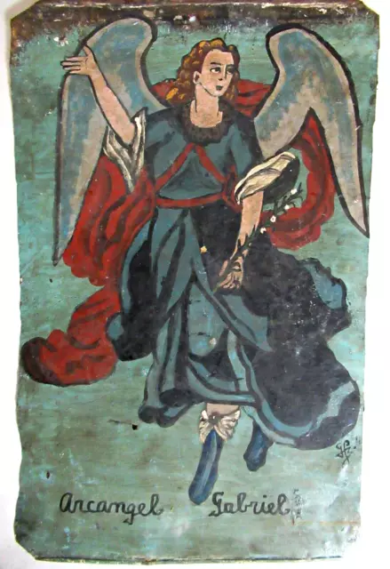 VTG c. 1930's X-LARGE HP MEXICAN PAINTING on TIN RETABLO ARCHANGEL GABRIEL