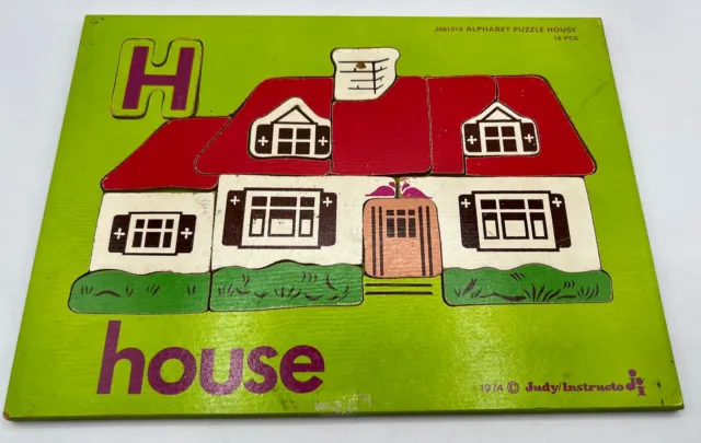 1974 VTG Judy Instructo Letter H Alphabet House Wooden Puzzle 16 Pc #J061010