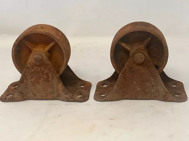 Lot of 2-Antique 3" Cast Iron Factory/Industrial Cart Wheels Work. Needs Grease!