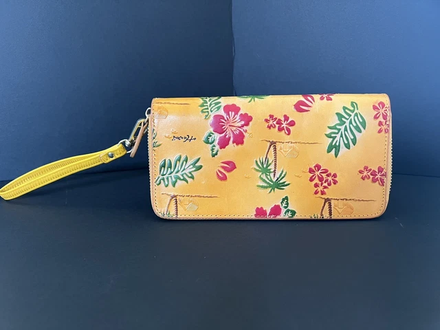 Leather Hawaii Zip Around Yellow Wallet Clutch Floral Embossed Wrist Strap 8x4 Leather Hawaii Zip Around Yellow Wallet Clutch Floral Embossed Wrist Strap 8x4