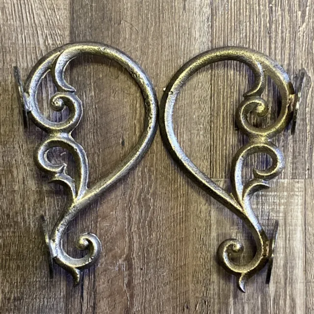 Set Decorative Cast Iron Wall Shelf Bracket Brace Ornate Curls Gold Decor Scroll