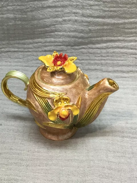 19th World Orchid Conference Miami Enamel Hinged Teapot Keepsake Trinket Box