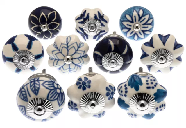 Ceramic Cupboard Knobs 10 Blue and White Painted Designs Drawer Kitchen Pulls