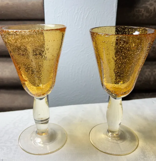 Heavy Hand Blown Heavy  Amber Glass Controlled Bubble Water /wine Goblets