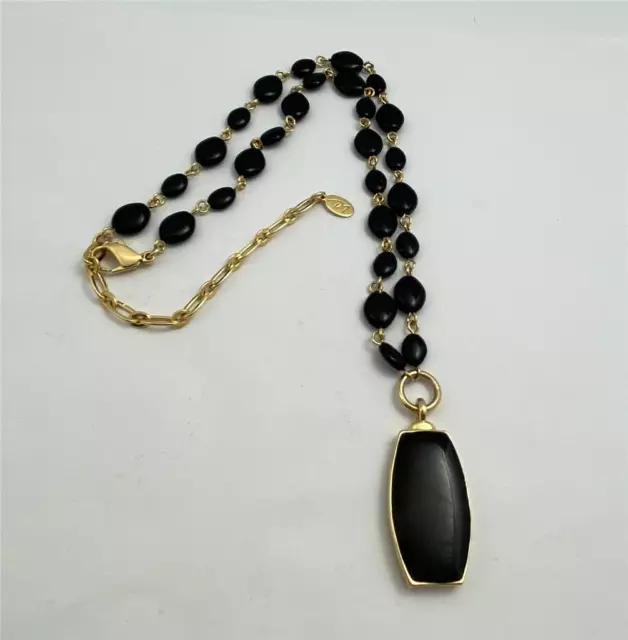 Liz Claiborne Black Glass Beads Gold Tone Black Enamel Pendant Necklace 20" 2