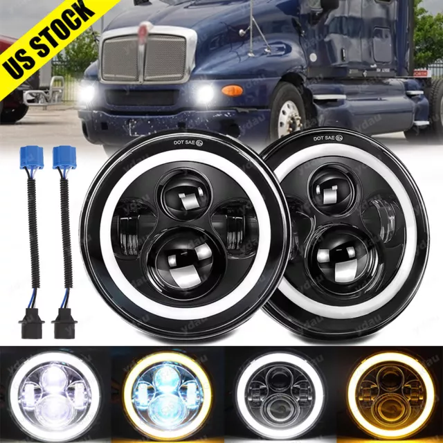 For Kenworth T2000 Pair 7" Inch Round LED Headlight Hi Lo Beam Halo Angel Eye