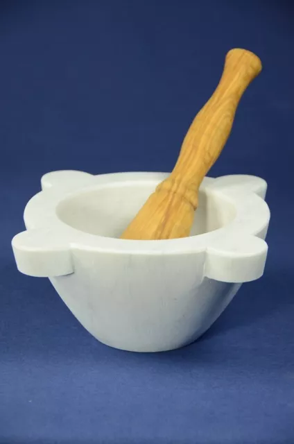 Mortaio marmo bianco Carrara 20 cm pestello ulivo.Marble mortar olivewood pestle