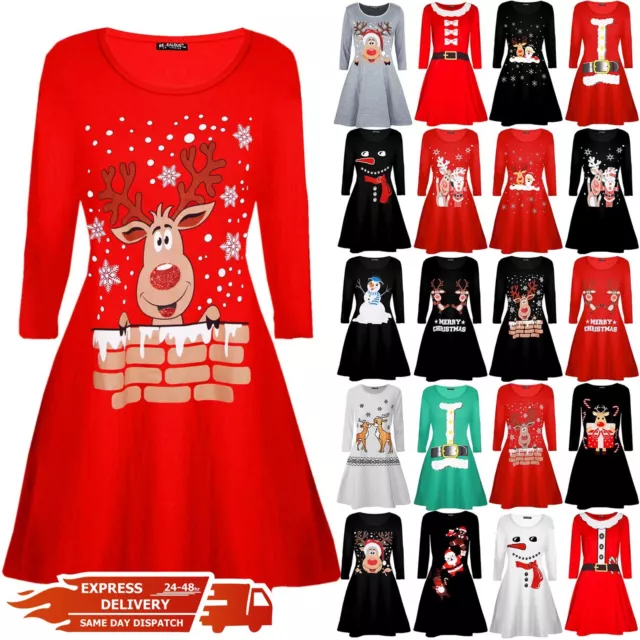 Kids Girls Children Reindeer Santa Costume Christmas Xmas Flare Swing Mini Dress