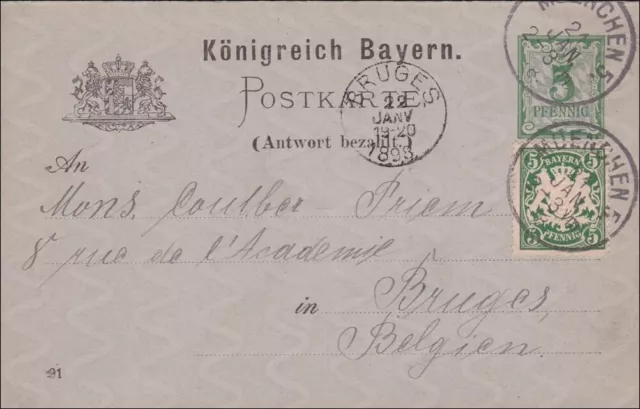 Bayern: 1898: Ganzsache mit Antwortkarte von München nach Bruges in Belgien