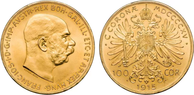 1915  Austria, Franz Joseph, 100 Corona, GOLD 33.87 gr UNC