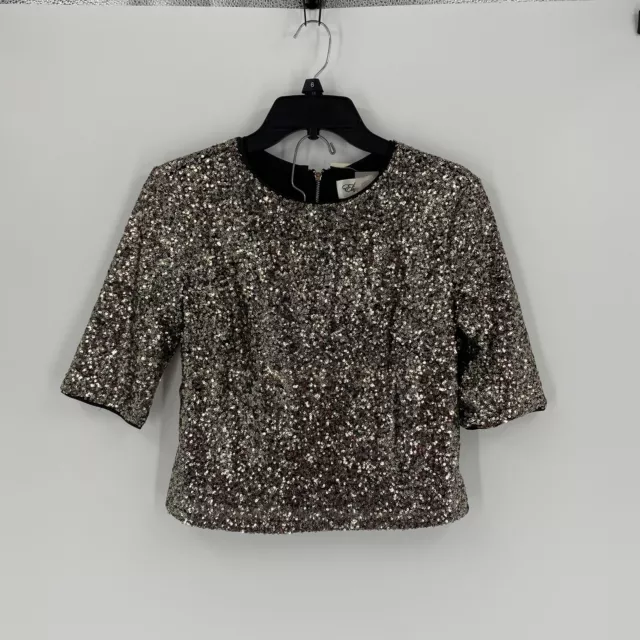 Eliza J Women’s Crew Neck Short Sleeve Cropped Sequin Blouse size 6￼