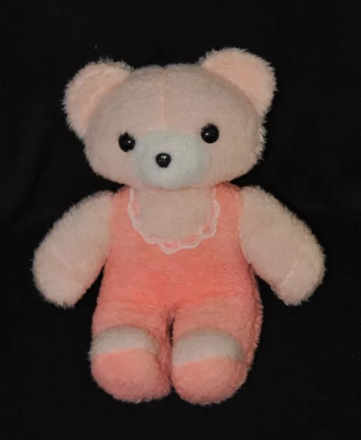 Peluche doudou ours AJENA vintage ancien rose 2 tons salopette col 30 cm TTBE