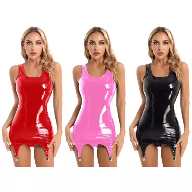 Women Wet Look Tank Top Bodycon Mini Dress Leather Backless Night Clubwear Dress