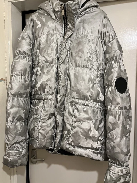 Mens silver grey Camouflage Puffer Jacket by Boohoo Ex L 54in chest Ex con