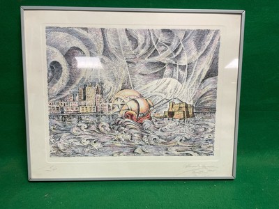 alessandro buonomo litografia napoli paesaggio mare barche 