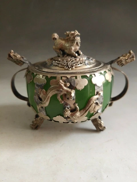 Exquisite Old Chinese tibet silver armor jade handmade incense burner 8026