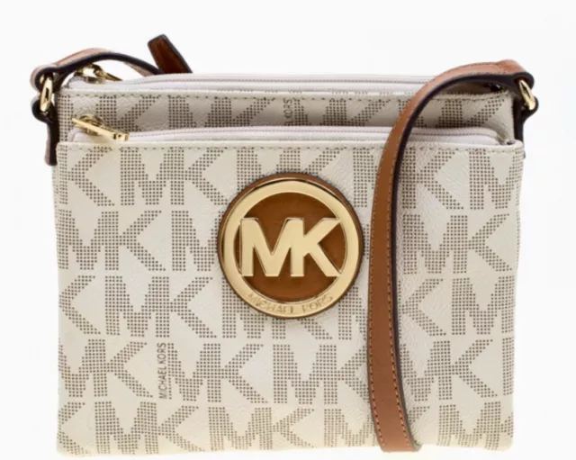 Michael Kors Jet Set Vanilla Brown Leather Fulton Logo Crossbody Handbag Purse