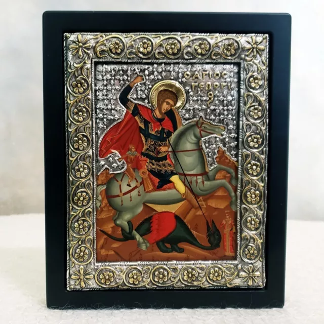 Saint George Icon Byzantine Replica Sterling Silver 24k Gold Religious Decor