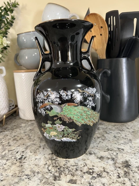 Vintage Porcelain Double Handled Asian Style Vase with Peacock Design