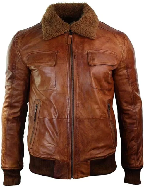 Men's B3 Bomber Rust Tan Brown Removable Fur Collar aviator Pilot Leather jacket