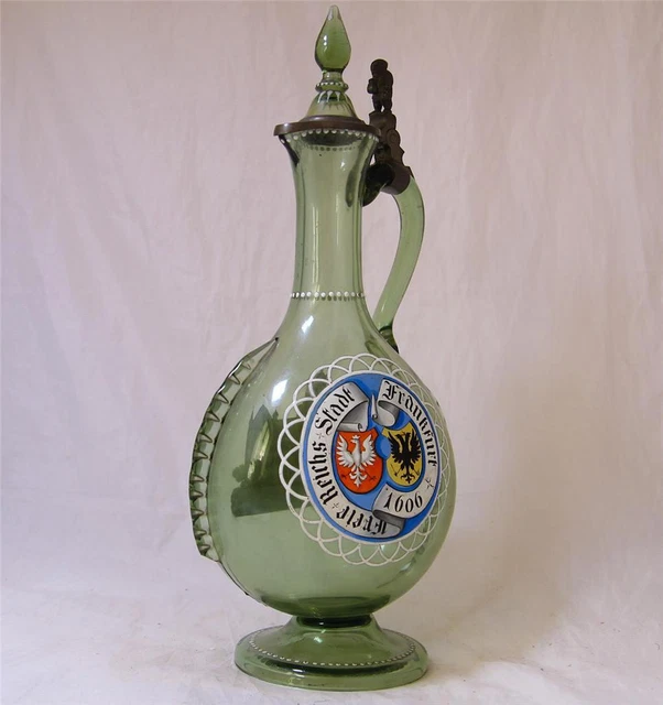 ANTIQUE GREEN GLASS Bohemian Beer Stein Enameled Frankfurt by A