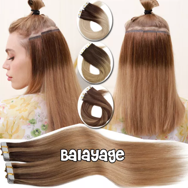 10-60 Tressen Tape In Echthaar Remy Human Hair Extensions Haarverlängerung Ombre 2