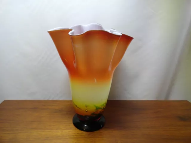 New 11.5" Hand Blown Glass Murano Style Vase Ruffled Orange Yellow