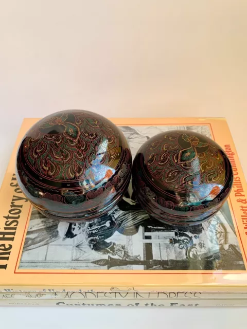 Vintage Burmese Hand Painted Lacquerware Peacock Design Nesting Boxes