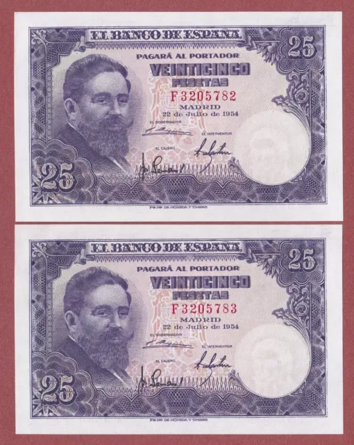 SPAIN. 25 Pesetas 1954 ( PAREJA CORRELATIVA ) Serie: F  ( SC / UNC )