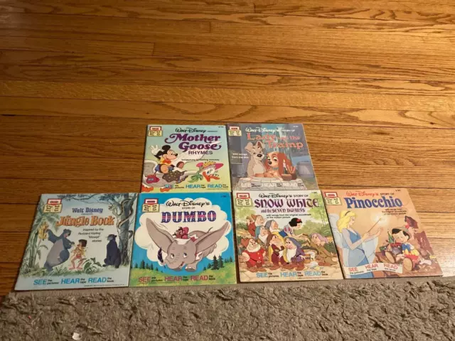 vintage lot of 6 walt disney read along and tape book only dumbo snow white lady