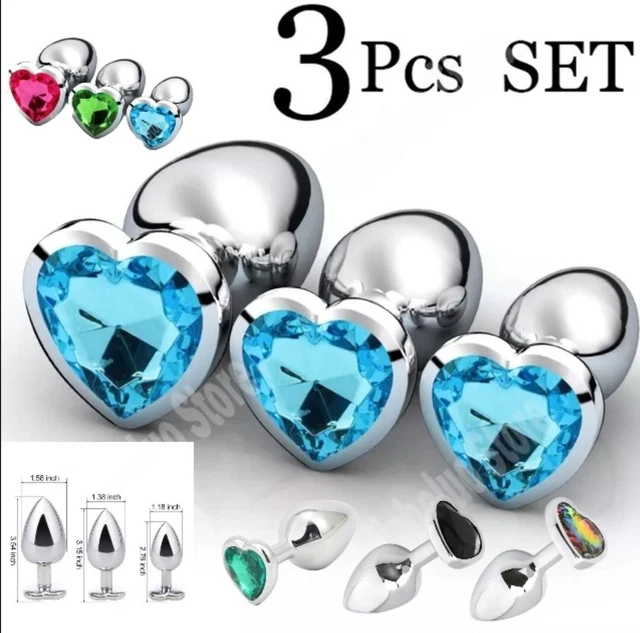 Lot De 3 Plugs Anaux En Métal Forme Cœur Avec Diamant - Tailles S, M, L - Matière Acier Inoxydable - Neuf