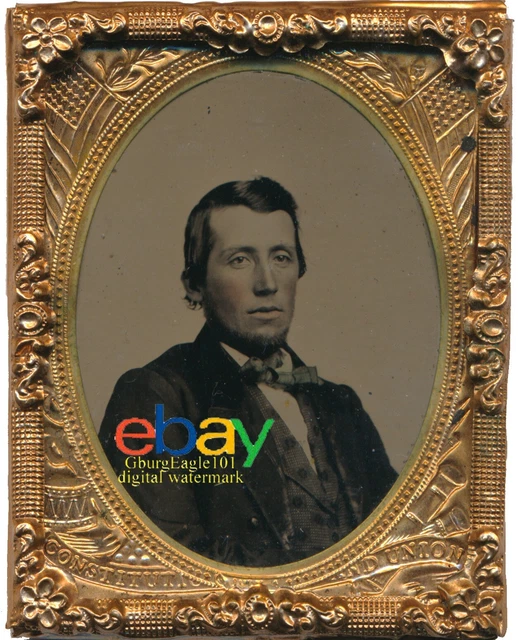 1/9 tintype of patriotic Civil War era man in half case