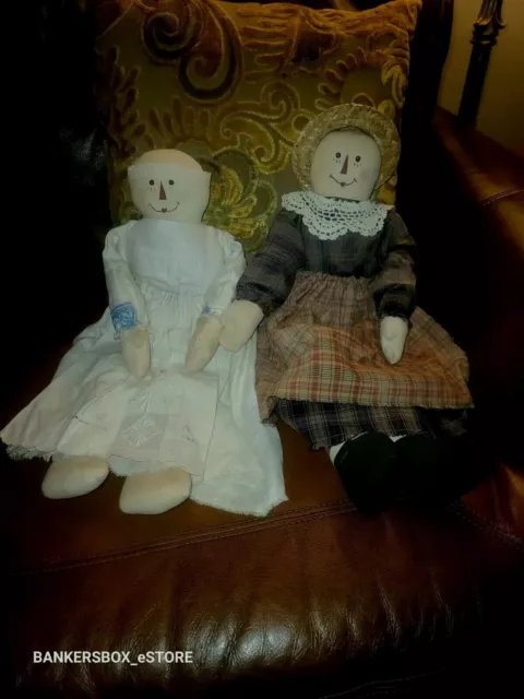 Pair 0F Handmade Folk Art Handstitched Primitive Farm House Americana Rag Dolls