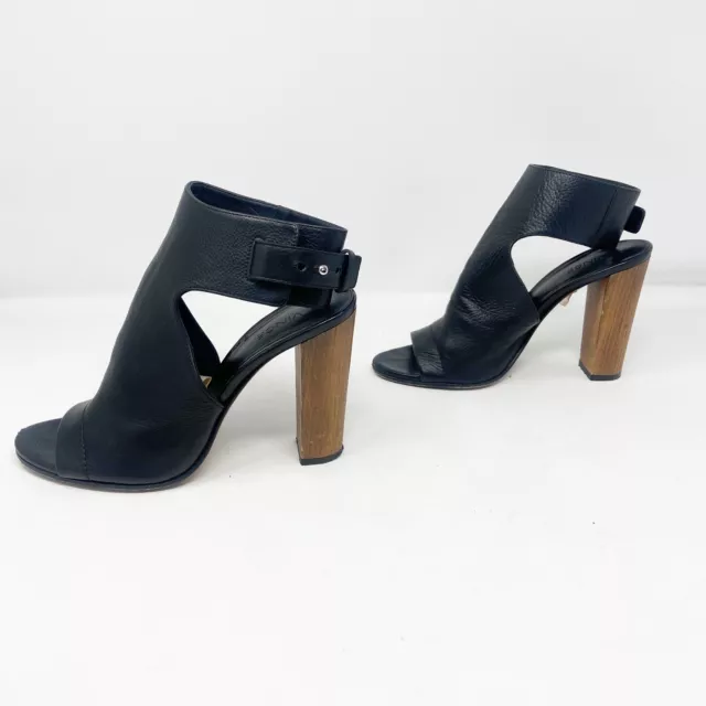 Vince Addie Black Leather Peep Toe Cut Out Block Wood Heel Booties (37.5) 7.5 3