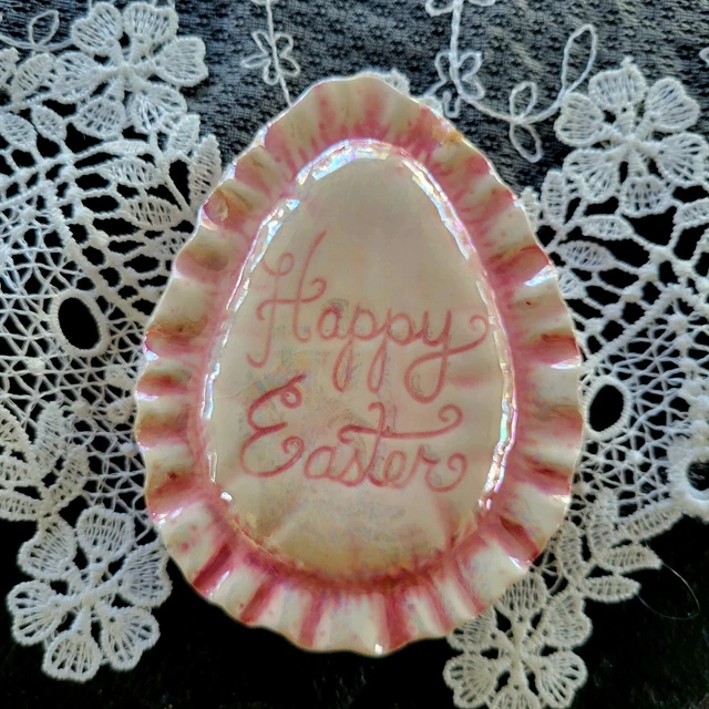 Vintage Happy Easter Figurine 4" Iridescent Ruffled Edge Hand Painted Ceramic