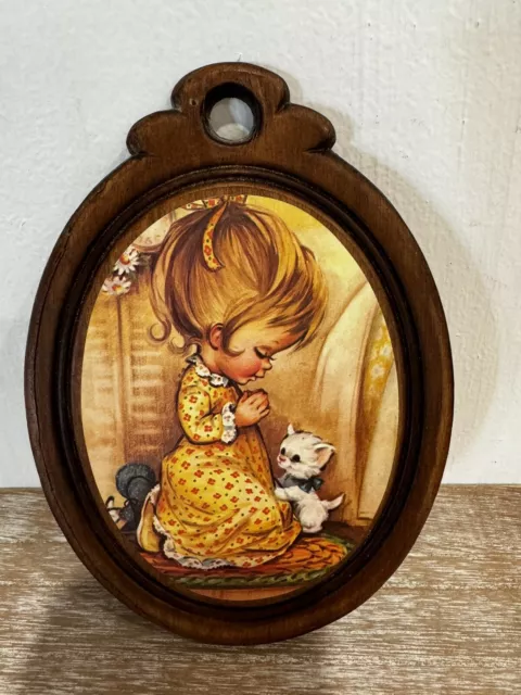 Adorable Vintage 1960's Nursery Wall Hanging Wooden Plaque Praying Girl w/Kitten