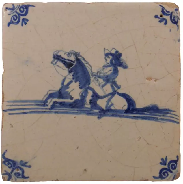 Rare 17Th C Dutch Delft Antique Hnd Dec Blue/Wht Cer Tile, Equestrian Crssng Rvr