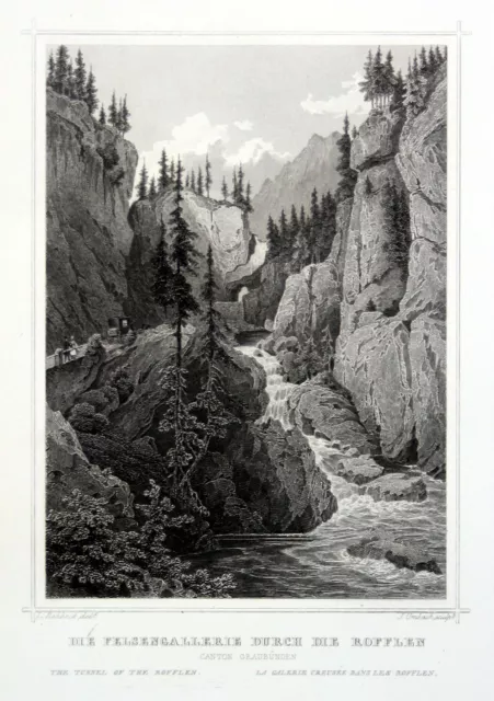 Felsengalerie Rofflaschlucht Svizzera Schweiz gravure Stahlstich Rohbock Umbach