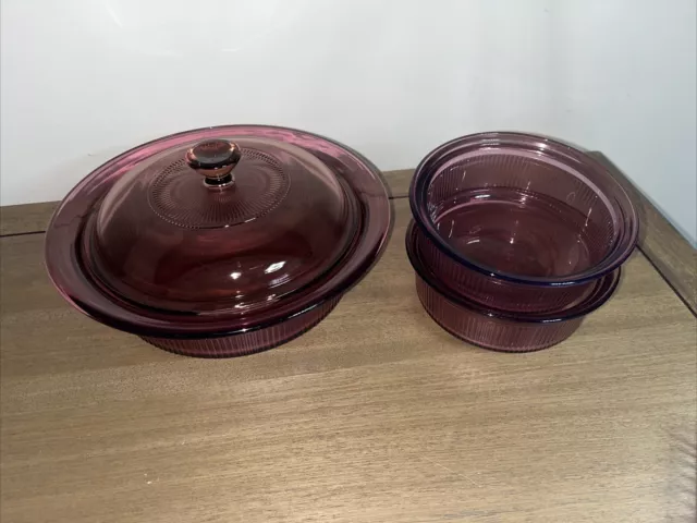 Corning Ware Pyrex Amethyst VISIONS 1 QT Covered Baking Dish & 2 1-Pint Bowls