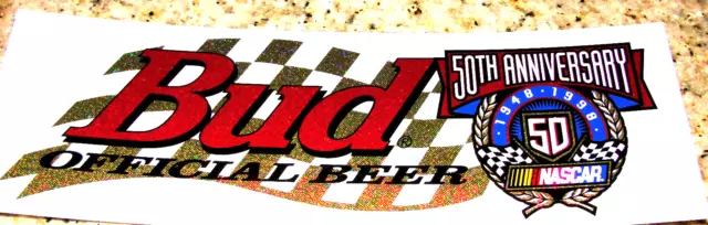 VINTAGE BUDWEISER BEER NASCAR 1948-1998 50th ANNIVERSARY BUMPER STICKER 8"X3"