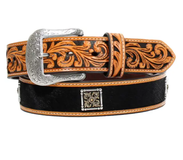 Nocona Western Mens Belt Leather Calf Hair Inlay Tooled Floral Conchos Black